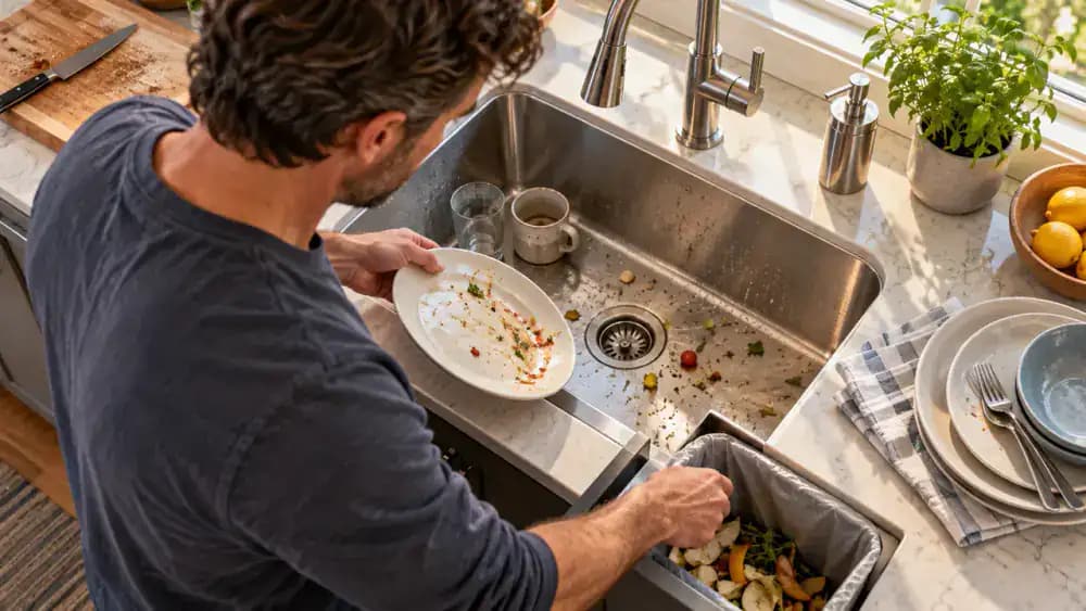 Homeowner clearing a stainless steel kitchen sink by removing ceramic plates and a spoon, emptying food scraps from the drain strainer, and wiping loose debris from the basin with a microfiber cloth while white hard water spots remain visible.