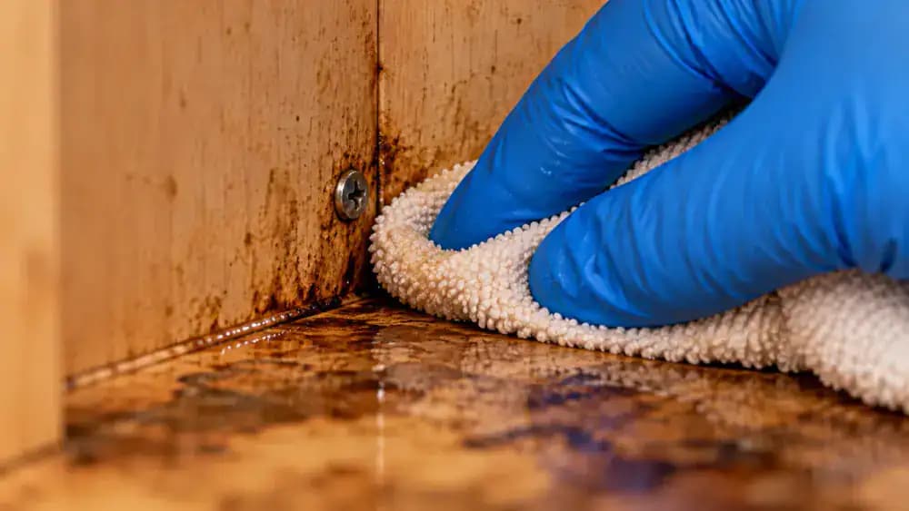 Extreme close-up of a blue-gloved hand pressing a folded microfiber cloth into the rear seam of an under-sink kitchen cabinet, absorbing moisture droplets near a recessed screw head.