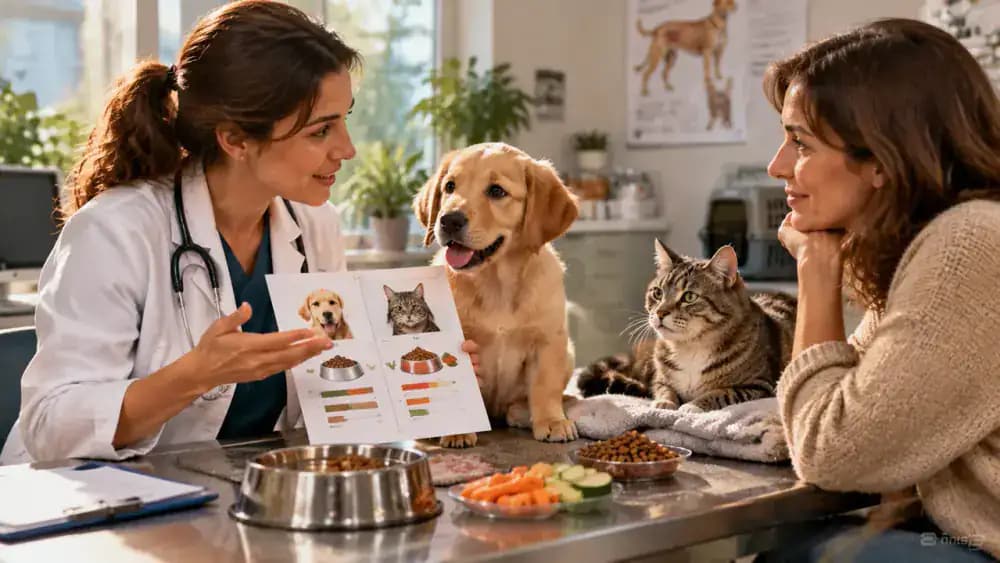 Veterinarian discussing an individualized feeding plan with a pet owner in a warm consultation room, with a Labrador puppy on an examination table, an older gray cat in an open carrier, and meal schedules displayed on a tablet.