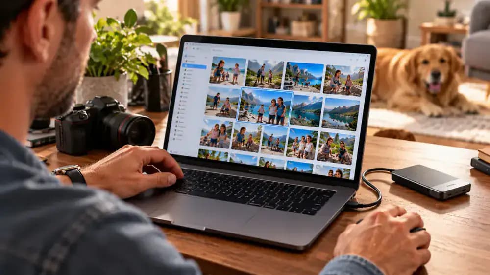 Adult checking a family photo stored in a Family Photo Backup folder on a laptop connected by USB-C to a silver external SSD on a walnut desk.