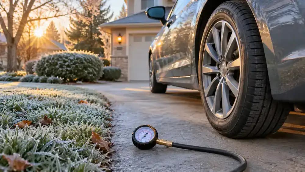 Parked sedan in a quiet morning driveway beside an educational graphic comparing cold tire pressure before driving with potentially higher readings after the tires warm up.