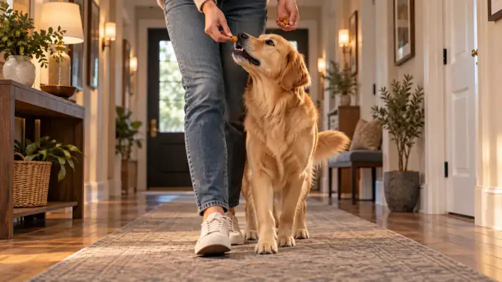 Small terrier taking two steps across a dining room toward a crouching owner holding a treat