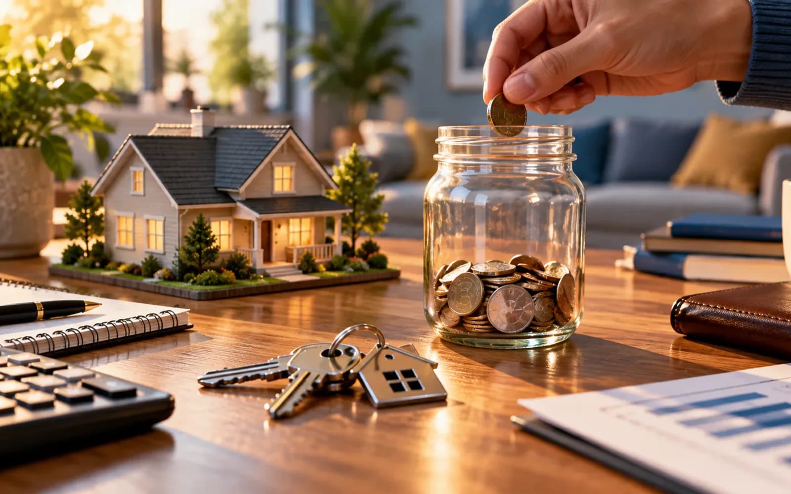 Homebuyer savings jar beside house keys