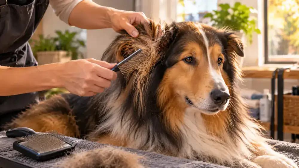 Long-haired Collie resting on a padded grooming platform while a groomer gently separates fur behind its ears and near its front legs, working through a small tangle with a comb.