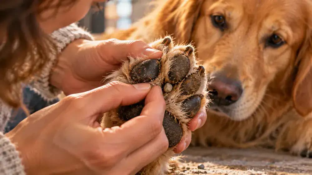Close-up of a golden retriever's clean paw held gently in the owner's hands as a tiny pebble is discovered between the toes.
