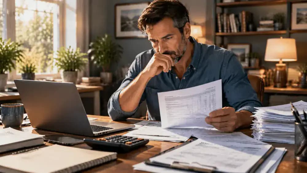 Taxpayer reviewing income records beside a calculator and blank tax forms.