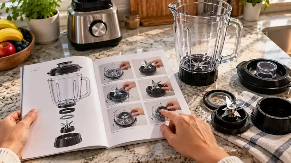 Over-the-shoulder view of an adult examining a blender owner's manual with diagrams of removable lids, gaskets, and blade assemblies beside an intact transparent blender jar and unplugged motor base.