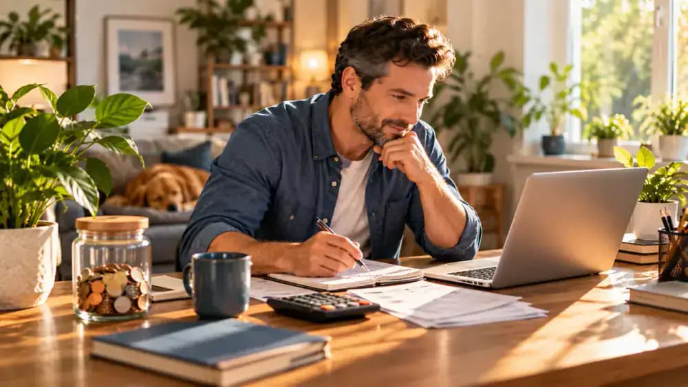 Professional working at an organized home desk beside a modest savings jar and houseplant.