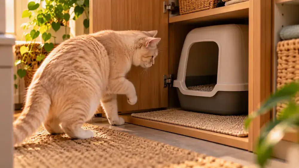 Comparison of a cat waiting outside a closed closet, another hesitating at a covered litter box inside a cabinet, and a cream-colored cat approaching an uncovered box in an open alcove.