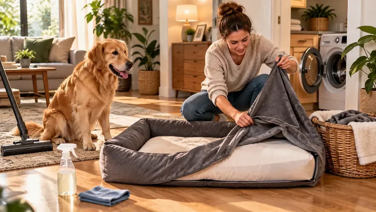 Owner removing a washable dog bed cover and cleaning the surrounding floor