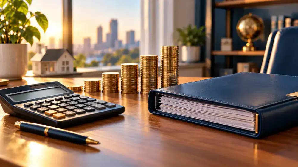 A calculator beside a progressively growing stack of coins and a closed loan folder.