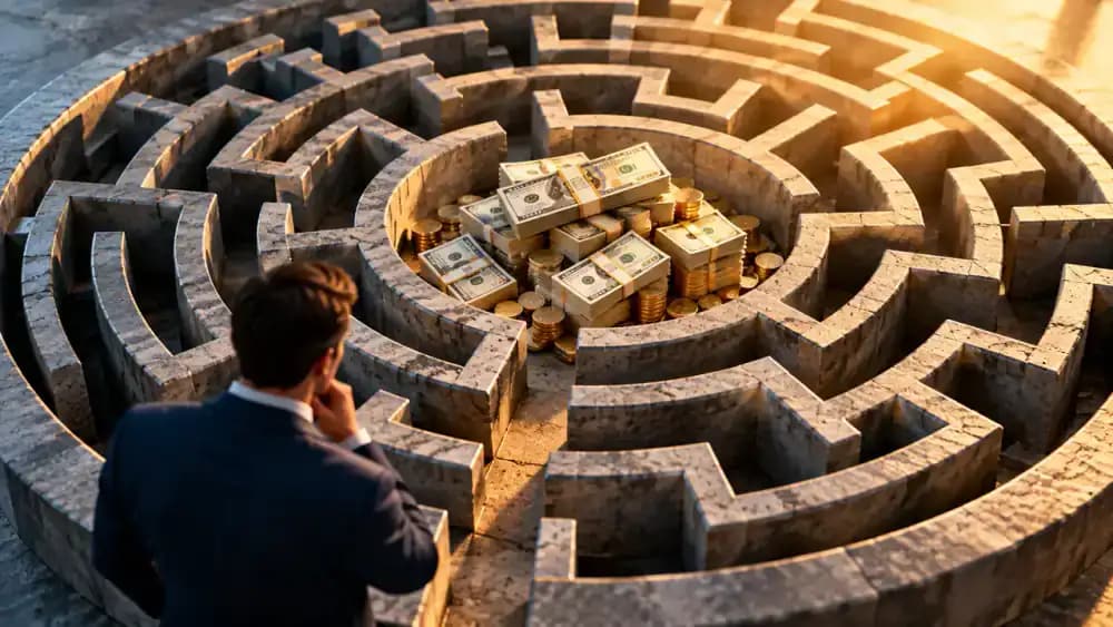 Dollar bills trapped inside a circular maze with a narrow exit.