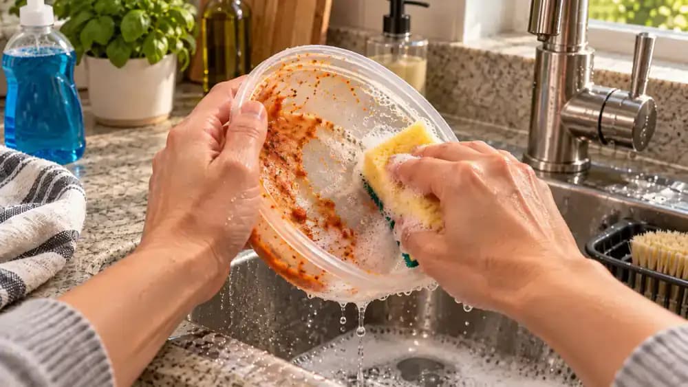 Close-up side view of hands cleaning an orange-stained transparent plastic food container inside a stainless steel kitchen sink. One hand steadies the container while a soft yellow sponge applies warm, soapy water to its interior bottom, sidewalls, and rounded corners. The removed lid and silicone g