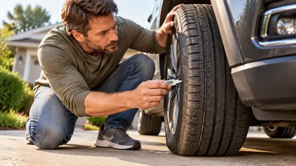 Driver crouching beside a parked SUV and checking the front tire's tread groove with a handheld tread depth gauge, with tread wear indicator bars and uneven shoulder wear visible.