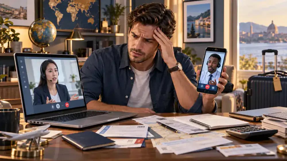 Traveler dealing with multiple customer service representatives