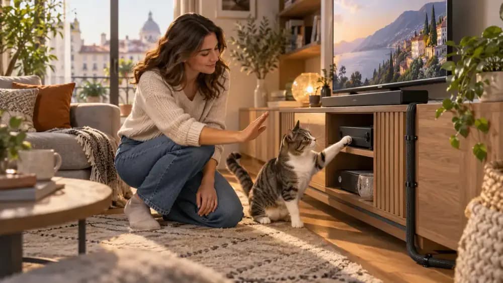 Organized entertainment center with electrical cords routed through protective cable sleeves as a cat sits nearby