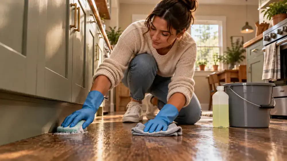 Person testing diluted degreaser on a small, hidden section of vinyl kitchen flooring beside a cabinet, with painter's tape marking the test spot and a microfiber cloth applying the solution.