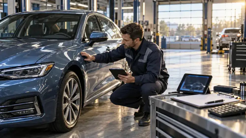 Automotive valuation specialist inspecting a car while holding a tablet with an unreadable screen.