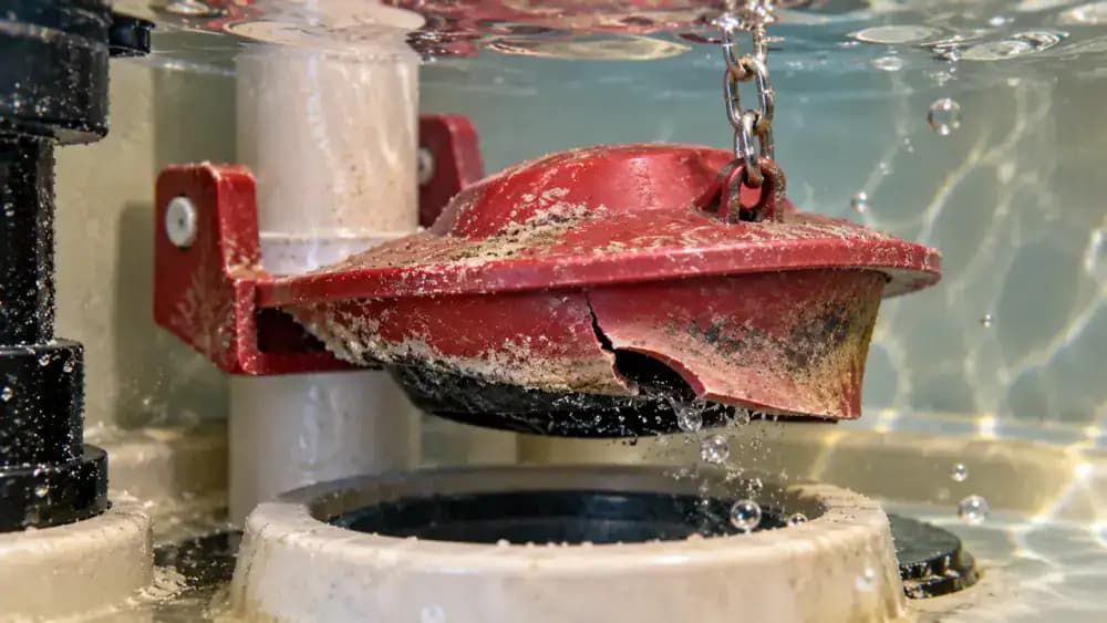 Underwater close-up of an aging black rubber toilet flapper resting on its flush valve seat, showing small surface cracks, a slightly curled edge, and mineral deposits illuminated by a flashlight from above.