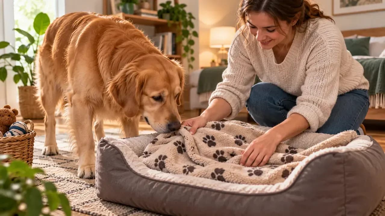 Dog calmly sniffing a familiar blanket placed on a simple bed