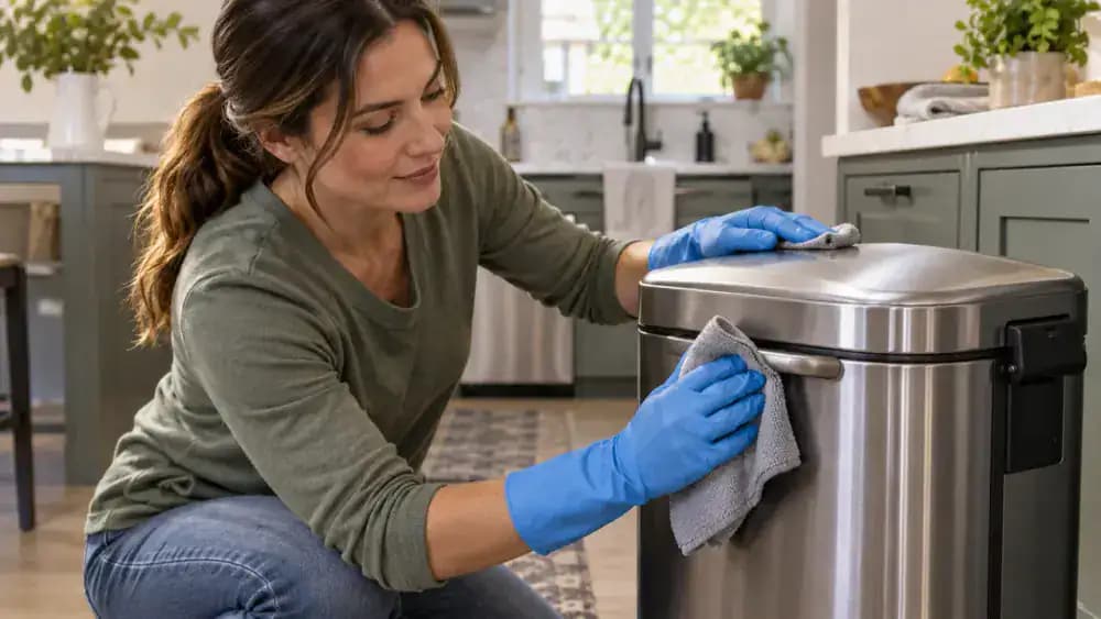 Gloved person wiping a kitchen trash can lid, handle, hinge joints, and exterior touch points with a microfiber cloth