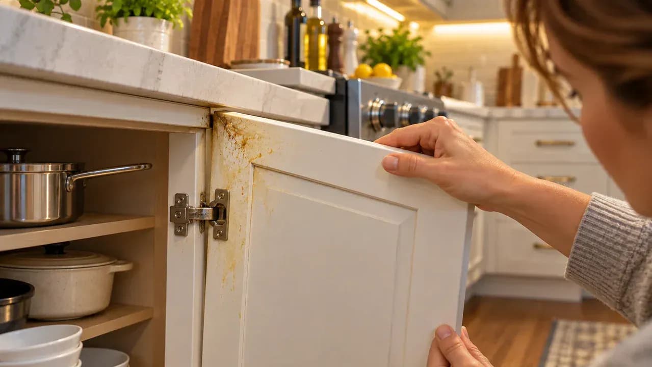 Hand inspecting a fully dried painted kitchen cabinet door under bright light, pointing to a small greasy patch near the upper corner revealed by the changing reflection