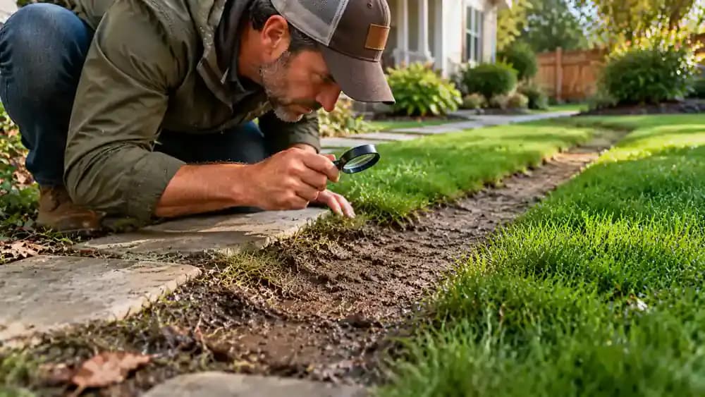 Close side view of a homeowner on a dry garden path using a hand lens to compare exposed soil beneath a worn lawn footpath with soil beside healthy grass, showing differences in turf density and soil texture.