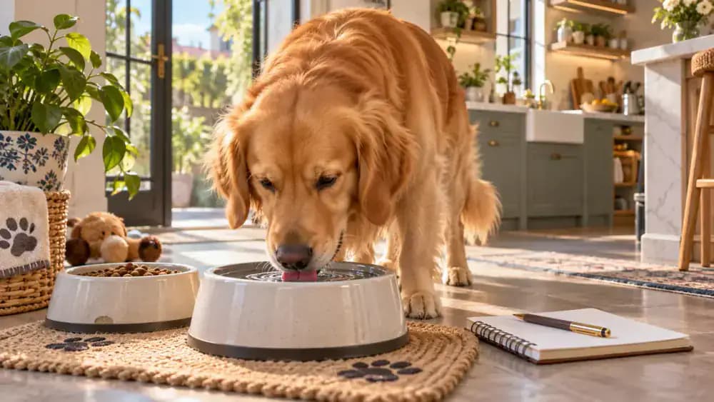 Golden retriever drinking from a water bowl while its owner records observations in a notebook