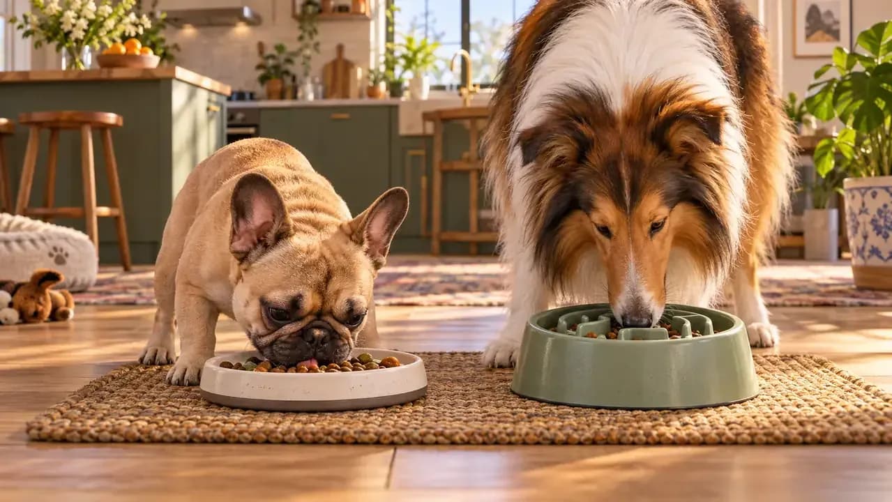 French Bulldog and Collie using slow feeders suited to different muzzle shapes