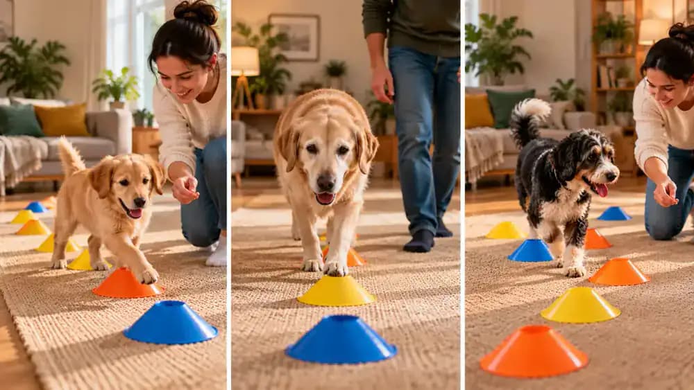 Puppy walking around widely spaced markers, senior dog following a flat straight path, and adult dog navigating gentle curves while an owner removes an obstacle for a hesitant dog.
