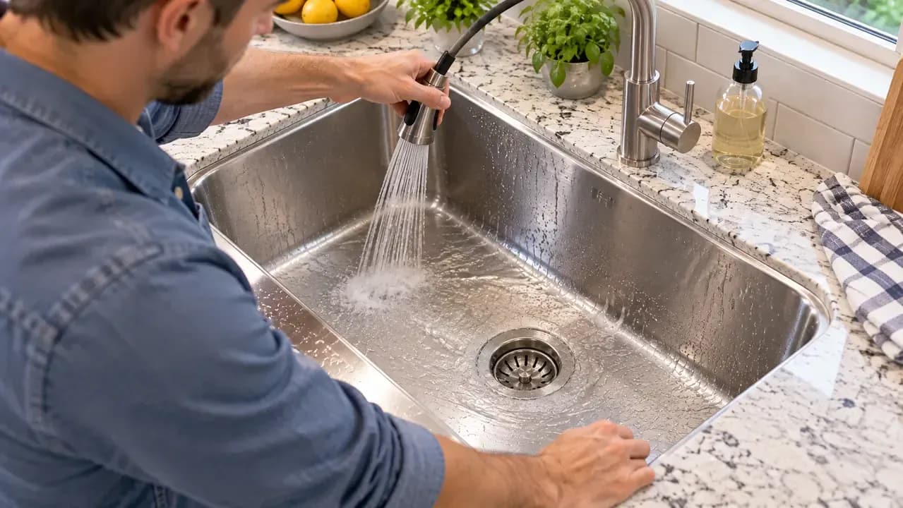 Adult homeowner using a pull-down faucet sprayer to rinse cleaner from the walls, floor, drain, and rim of a stainless steel kitchen sink while guiding water with a microfiber cloth.