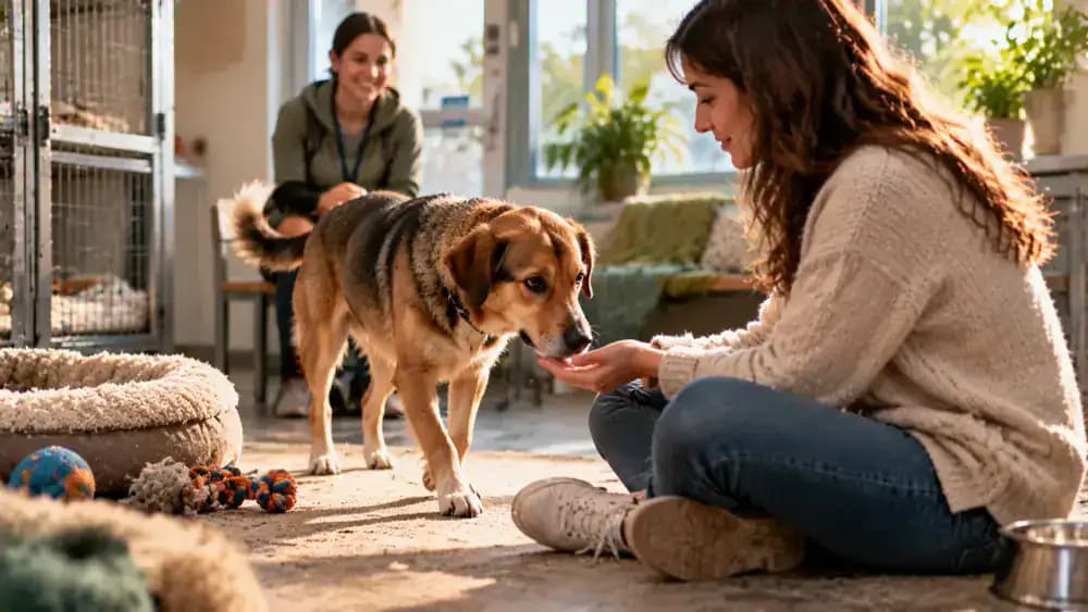 Potential adopter sits quietly while a dog approaches voluntarily, as a cat investigates a toy near an open carrier and a shelter worker observes from a respectful distance.