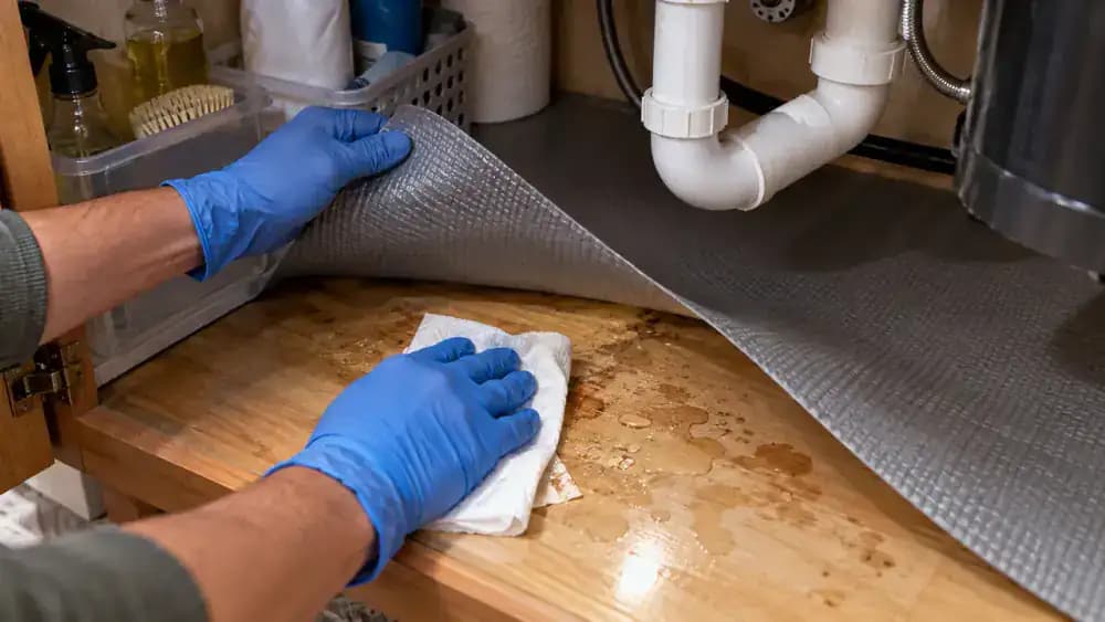 Overhead view of blue-gloved hands lifting a translucent gray shelf liner inside an empty under-sink kitchen cabinet, revealing hidden water droplets and a damp patch beneath the liner, with a white cloth used to blot the moisture.
