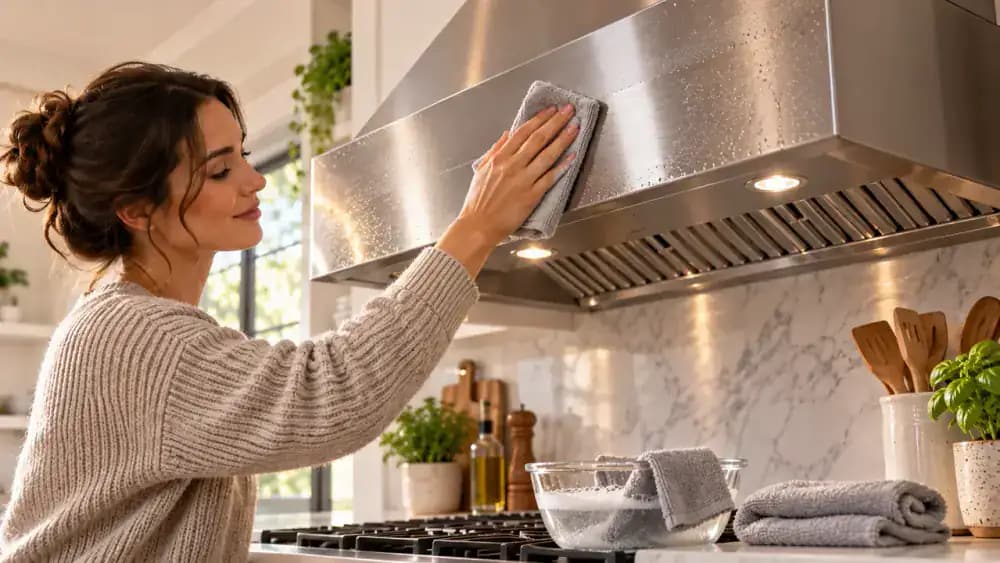 Close-up of a stainless steel range hood with one dull streak being cleaned using separate soapy, damp rinse, and dry microfiber cloths along the horizontal grain.