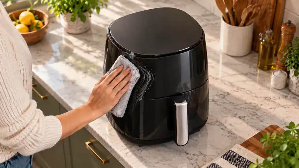 Unplugged appliance on a dry counter while a well-wrung microfiber cloth removes a faint soap streak from a solid side panel, with vents, controls, plug, seams, and cord connection kept dry.