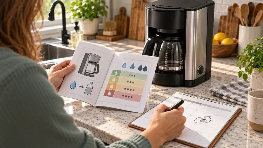 Hand marking a future coffee maker descaling date on a kitchen calendar beside the manufacturer manual, water hardness test strip chart, and clean removable coffee parts.