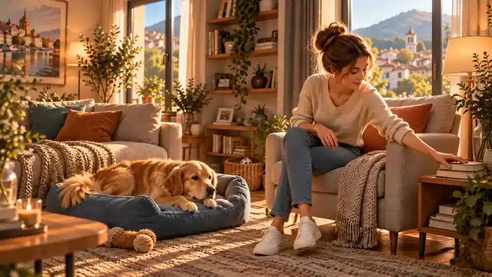Emma sits in an armchair and gently reaches toward a book on a side table while Bailey calmly watches from the rug beside her.