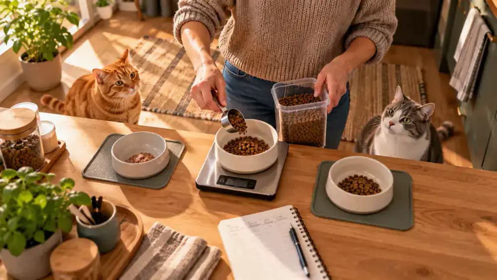 Overhead view of an owner weighing cat food on a digital kitchen scale beside two separate bowls, labeled containers, and a notebook tracking served portions and leftovers.