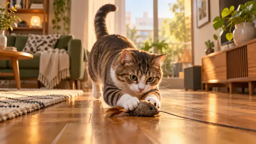 Cat pouncing successfully on a plush lure