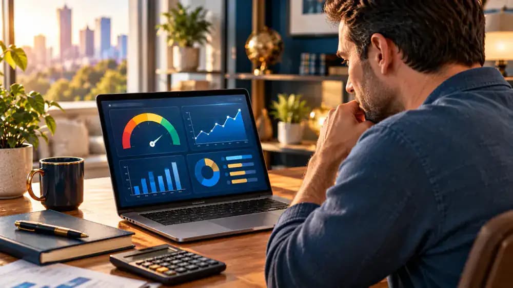 A person reviewing an abstract credit dashboard on a laptop with unreadable financial indicators.