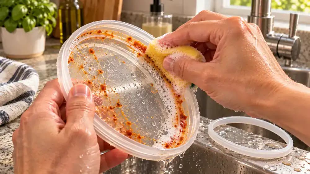 Close-up of hands cleaning orange tomato sauce residue from a plastic food container lid's narrow sealing groove using a folded yellow sponge and soapy water over a white sink, with a removable silicone gasket nearby.
