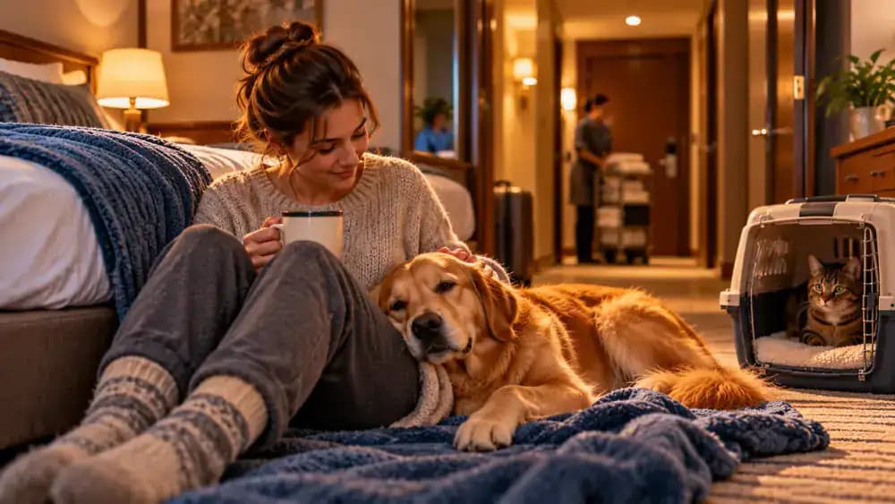 Golden retriever resting on a familiar blanket in an evening hotel room after hearing a hallway door close, while its owner reviews a hotel pet policy card and stays nearby.