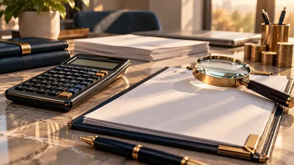 Scientific calculator, magnifying glass, and blank financial documents representing APR calculations.