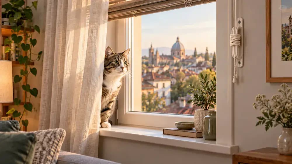 Blind cords secured high on a wall-mounted safety cleat while a cat looks from behind a curtain