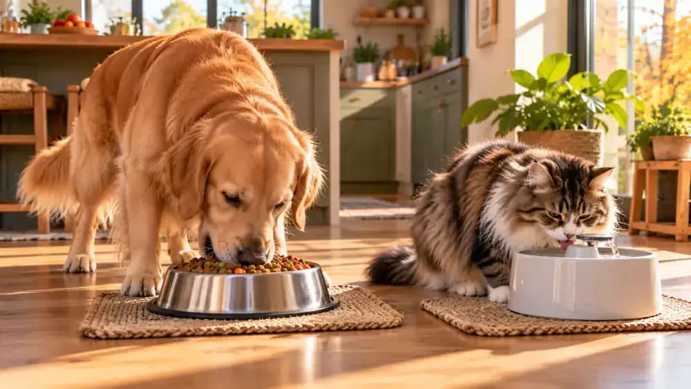 Sunlit kitchen with an owner preparing balanced food for a Golden Retriever while a fluffy cat drinks from a clean water fountain, followed by a gentle inspection of the dog's skin beneath its coat.