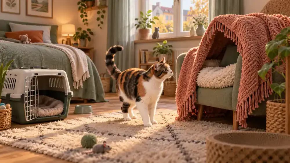Covered cat bed open carrier and draped chair used as cat refuges