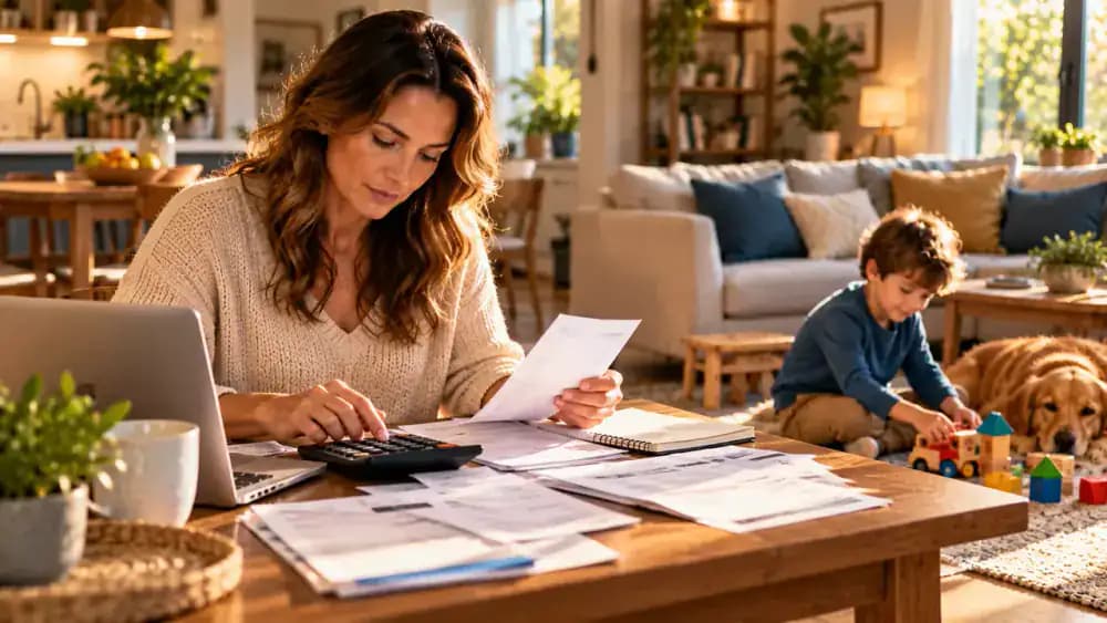 Parent reviewing household expenses while a young child plays nearby.