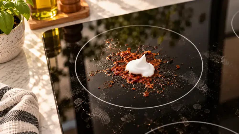 Close-up of a cooled black glass-ceramic electric cooktop with cream-colored cleaner covering a stubborn patch of cooked-on tomato sauce near the back-left burner. A folded microfiber cloth sits unused on the countertop.