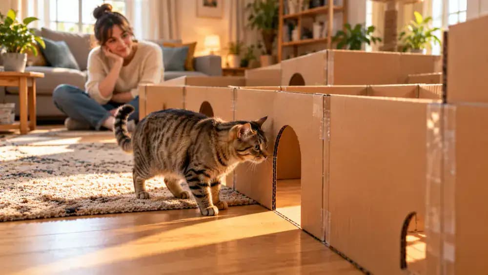 Tabby cat independently approaching a cardboard maze in a quiet living room, sniffing an entrance, looking through an observation window, and exploring while its owner sits nearby.