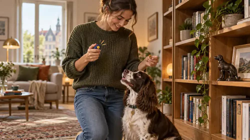 Spaniel reaching its owner's legs as the owner uses a clicker and prepares a reward